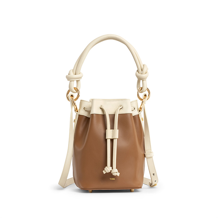 VERA Coco Bucket Leather Crossbody Bag in Peanut Butter