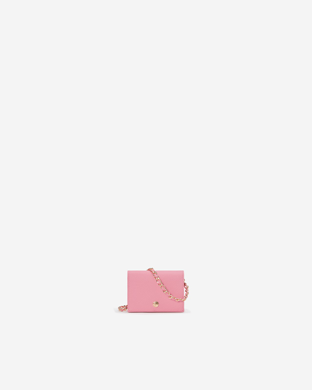 VERA Emily Flap Wallet with Leather Braided Gold Chain in Creative Pink กระเป๋าสตางค์หนังแท้ แบบเปิดฝา พร้อมสายโซ่สีทองร้อยหนัง สีชมพู