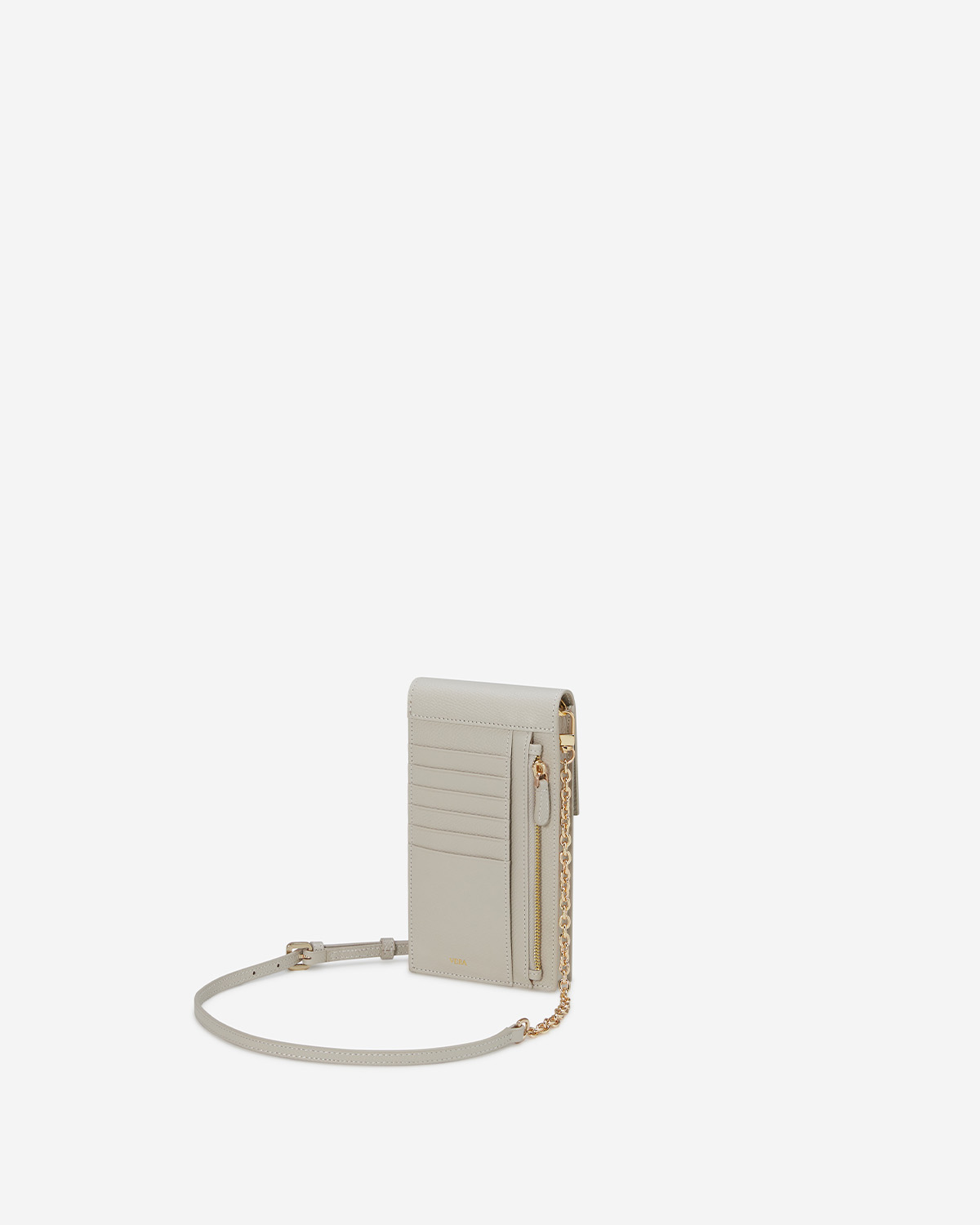 VERA Emily Phone Pouch with Leather Gold Chain in Calming Beige กระเป๋าใส่โทรศัพท์หนังแท้ พร้อมฟังก์ชั่นกระเป๋าสตางค์ มาพร้อมสายสะพายโซ่หนังถอดได้ สีเบจ