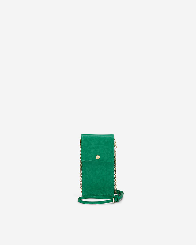 VERA Emily Phone Pouch with Leather Gold Chain in Confident Green กระเป๋าใส่โทรศัพท์หนังแท้ พร้อมฟังก์ชั่นกระเป๋าสตางค์ มาพร้อมสายสะพายโซ่หนังถอดได้ สีเขียว